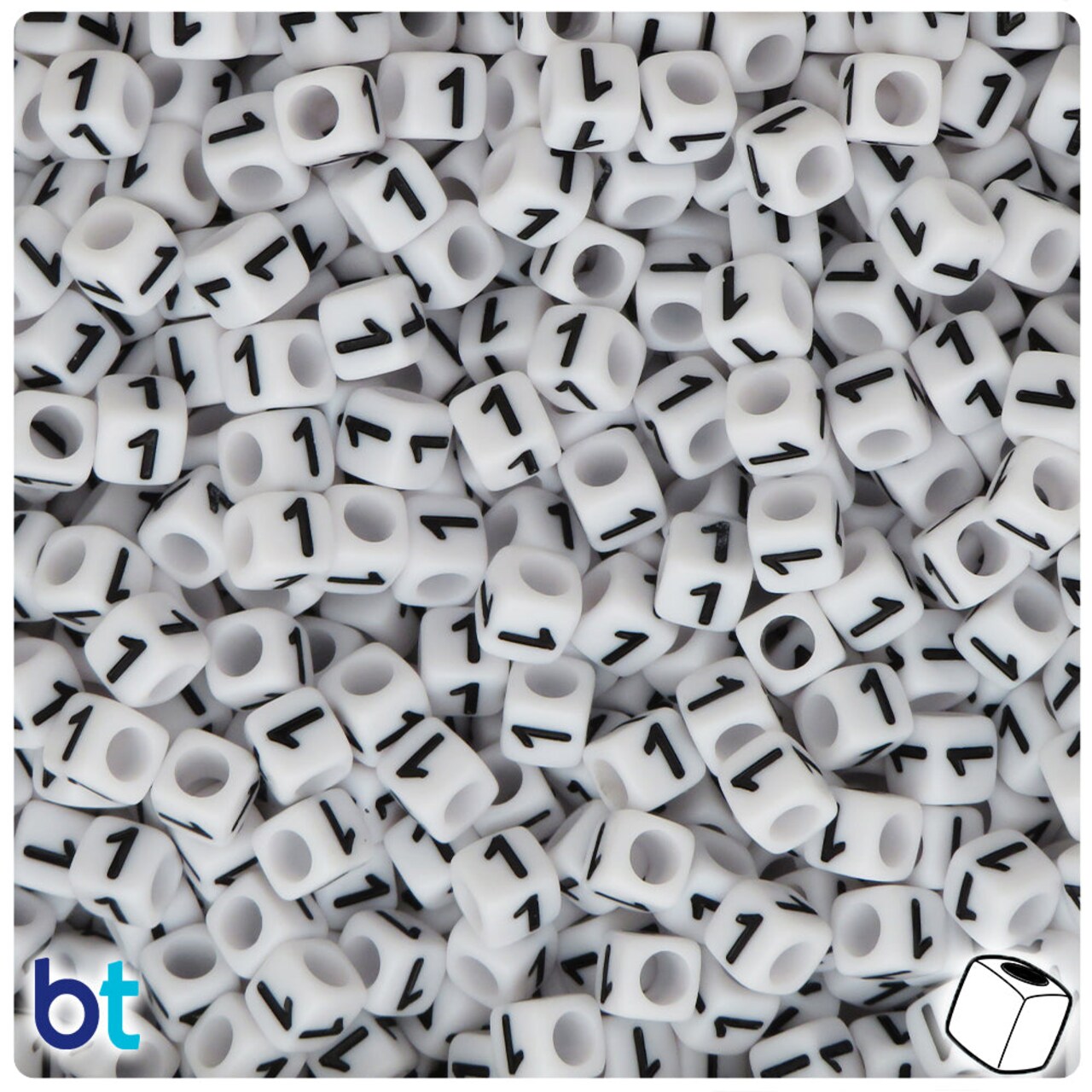 BeadTin White Opaque 6mm Cube Plastic Alpha Beads - Black Number 1 (80pcs)